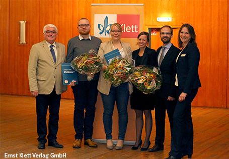 Lehrertag_HH_2016_neu vlnr: Ulrich Bongertmann, VGD / Dr. Marco Dräger, 3. Platz / Saskia Ahlers, 1. Platz / Katharina Kaiser, 2. Platz / Lorenz Steinert & Cordula Rodenberg, EKV