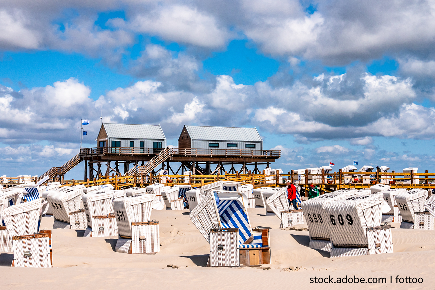 Beitrag_mBN_TourismusNordsee_01 Tourismus an der Nordseeküste: Strandabschnitt in St. Peter Ording mit Pfahlbauten und Strandkörben