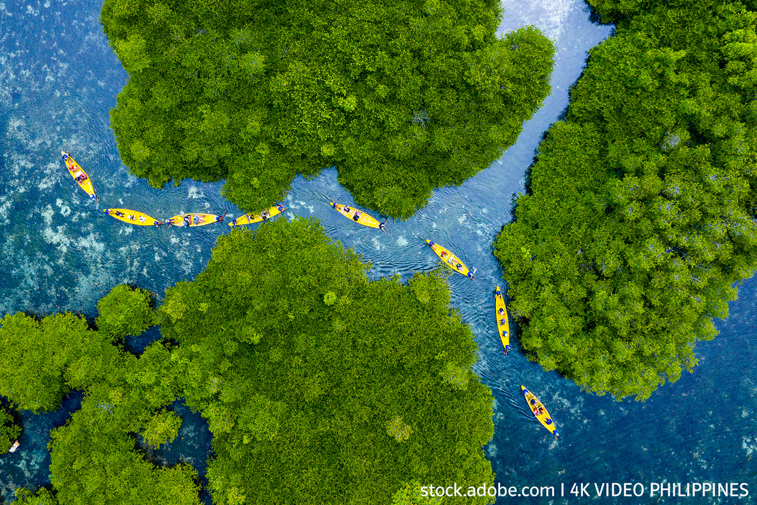 Beitrag_mBN_NutzungskonflikteMeer_02 Blick aus der Vogelperspektive auf eine Wasserlandschaft in der mehrere grüne Inseln zu sehen sind, zwischen den Insel schlängelt sich eine Reihe aus acht gelben Kajakbooten hindurch, Sinnbild für einen Verkehrsweg bzw. eine Verkehrsverbindung zu Wasser