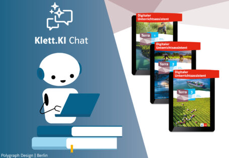 Logo Klett.KI Chat und Coverbilder Digitale Unterrichtsassistenten für Terra 1, 2 und 3 für Nordrhein-Westfalen. Künstliche Intelligenz.