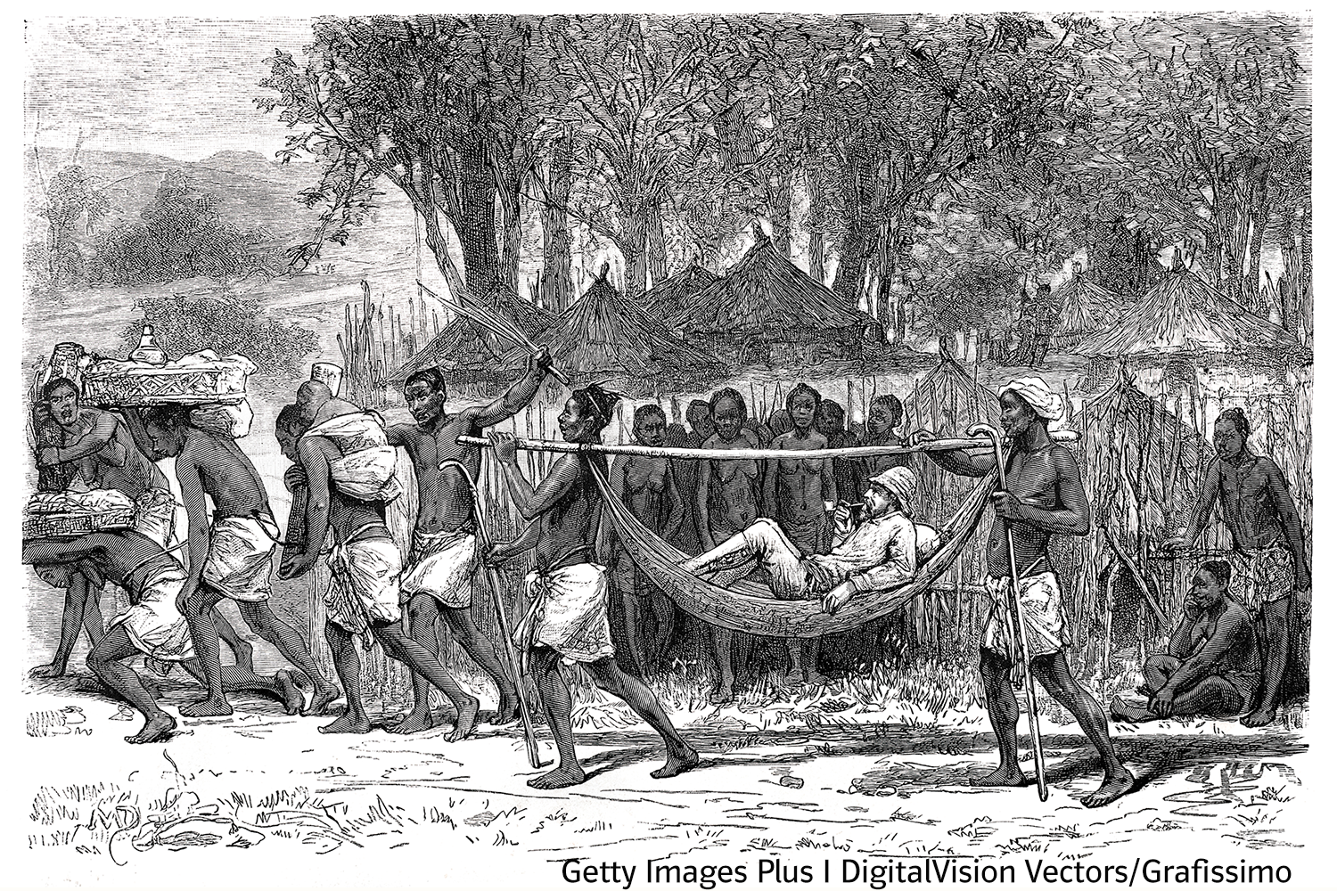 Beitrag_mBN_Kilimandscharo_03 Die Erkundung und Erstbesteigung des Kilimandscharo durch Hans Meyer: Deutsche Kolonialgeschichte. Zeichnung einer Expedition in Afrika im 19. Jahhrundert. Ein weißer, Pfeife rauchender Mann in europäischer Kleidung lässt sich von zwei Einheimischen in einer Hängematte einen Weg entlang tragen, während weitere Einheimische die Lasten der Expedition tragen. Im Hintergrund sind Hütten und Angehörige der indigenen Bevölkerung zu sehen.