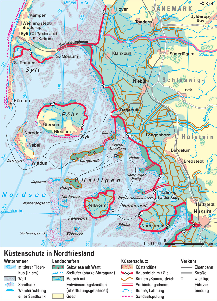 topograpische Karte von Klett zum Thema Küstenschütz an der Nordseeküste mit Angaben zum Wattenmeer, zum Küstenschutz, zu den Landschaften und zum Verkehr in der Region