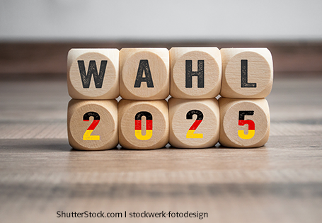 acht Holzwürfel in zwei Reihen übereinandergestalpelt, auf der Vorderseite ist zu lesen "Wahl 2025", das Wort "Wahl" ist in schwarzer Schrift und die Zahl 2025 in schwarz-rot-goldener Schrift