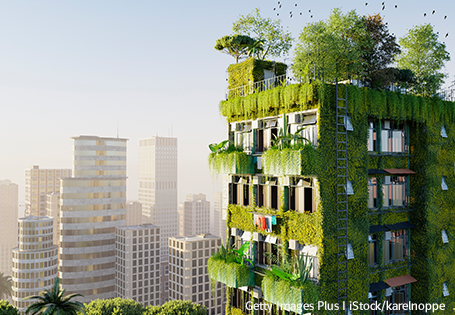 3D-Rendering einer mogernen Stadt mit Stadtbegrünung