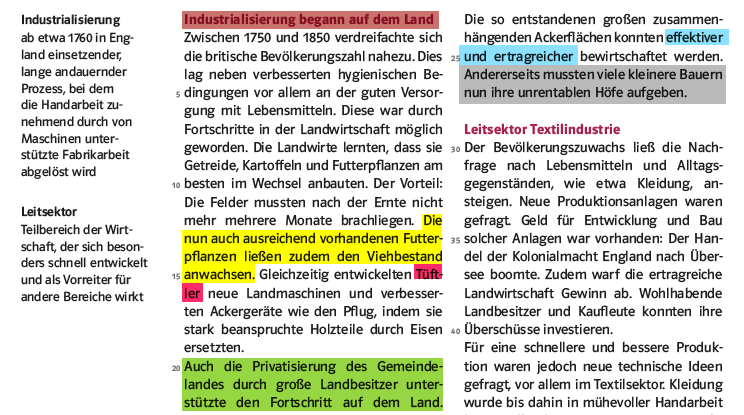 Textausschnitt mit bunten Markierungen aus einem Lehrbuch