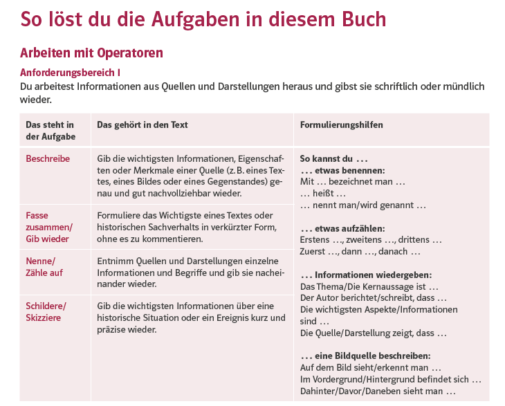 Seite mit Operatoren aus einem Geschichtslehrbuch