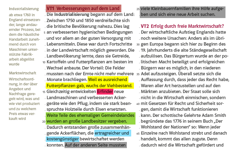 Textausschnitt mit bunten Markierungen aus einem Lehrbuch