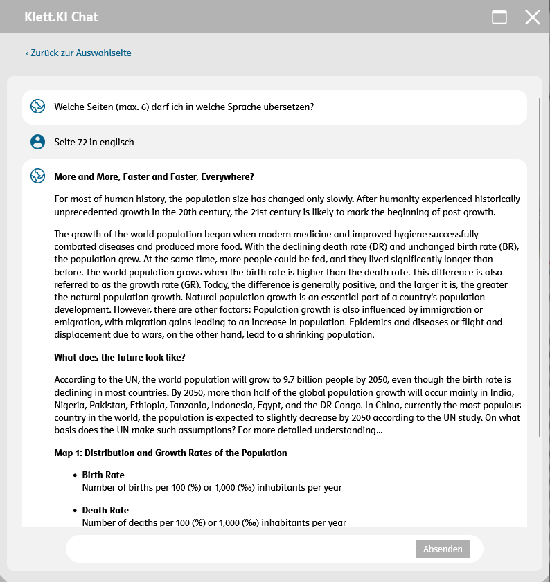 Beispielübersetzung einer Seite aus Terra durch Klett.KI Chat auf Englisch
