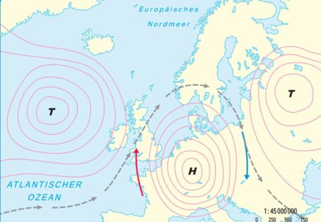 Karte von Europa mit Darstellung der Omega-Wetterlage