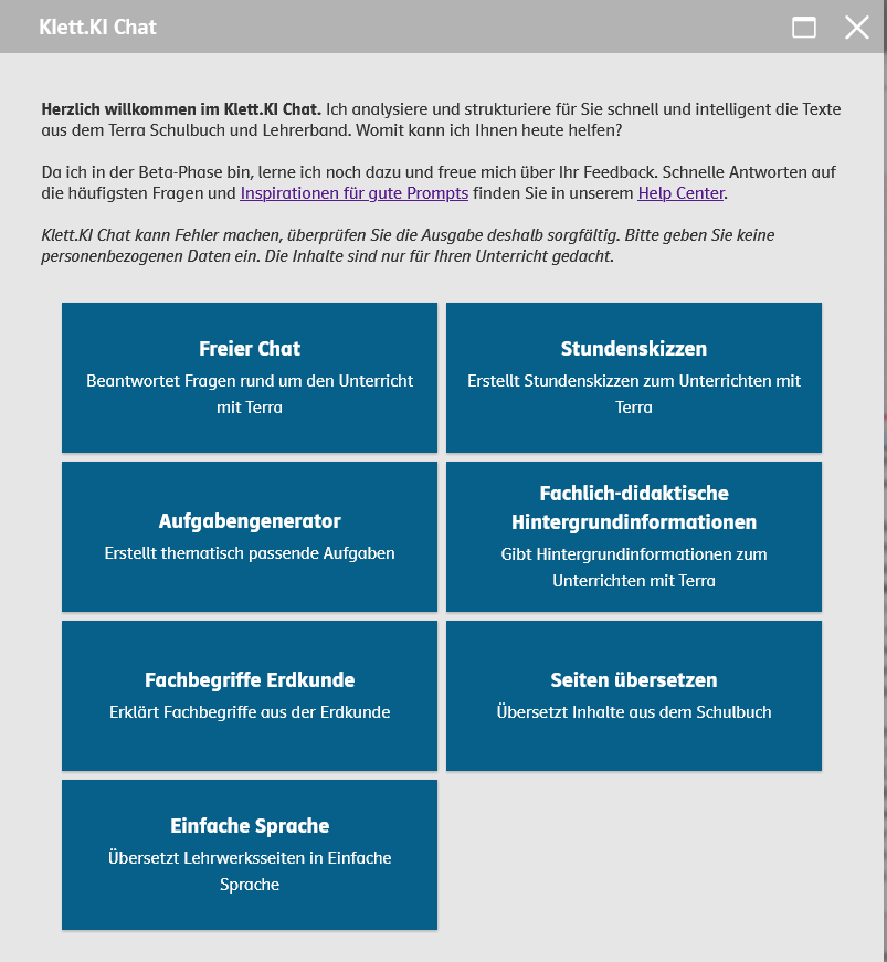 Eine Übersicht der Funktionalitäten von Klett.KI Chat inklusive Stundenskizzen, Seiten übersetzen und Einfache Sprache.