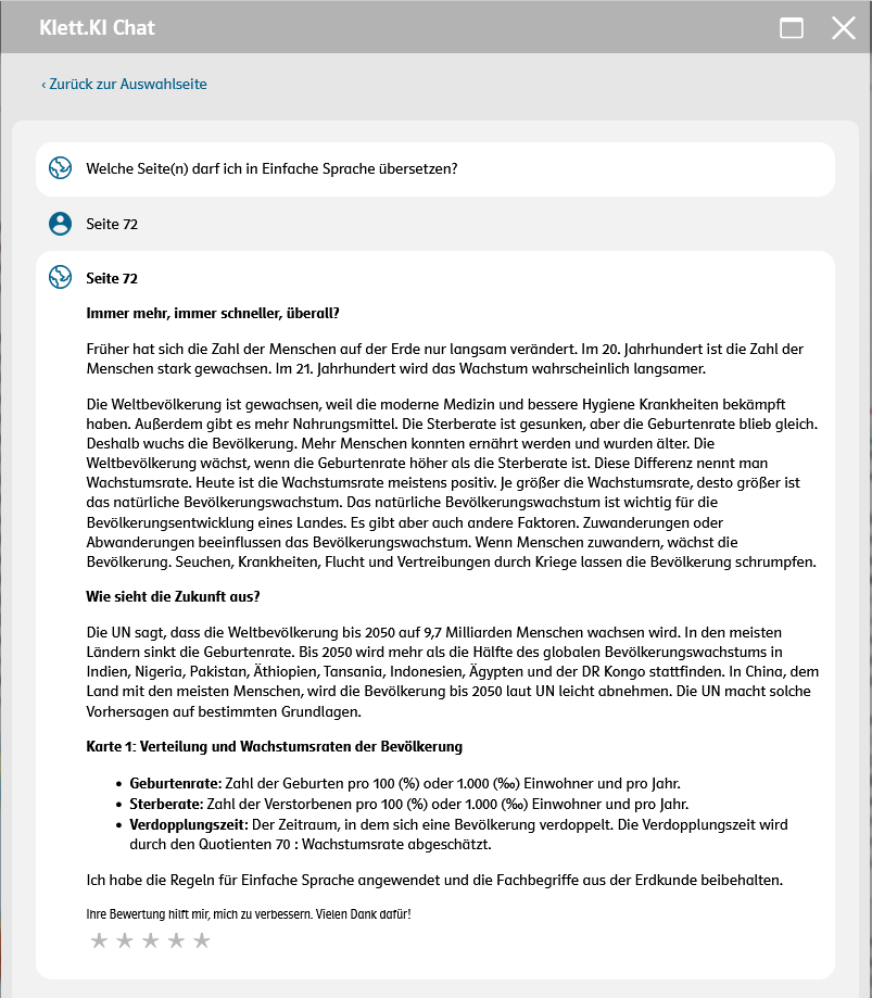 Eine Beispielseite aus Klett.KI Chat mit einer Übersetzung in Einfache Sprache.