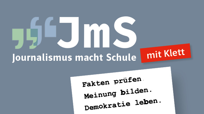 Logo von »Journalismus macht Schule« mit dem Schriftzug »JmS Journalismus macht Schule mit Klett« auf grauem Hintergrund