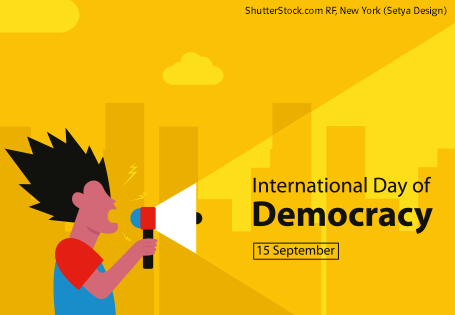 Zeichnung einer demonstrierenden Person mit Megafon und dem Text "International Day of Democracy"