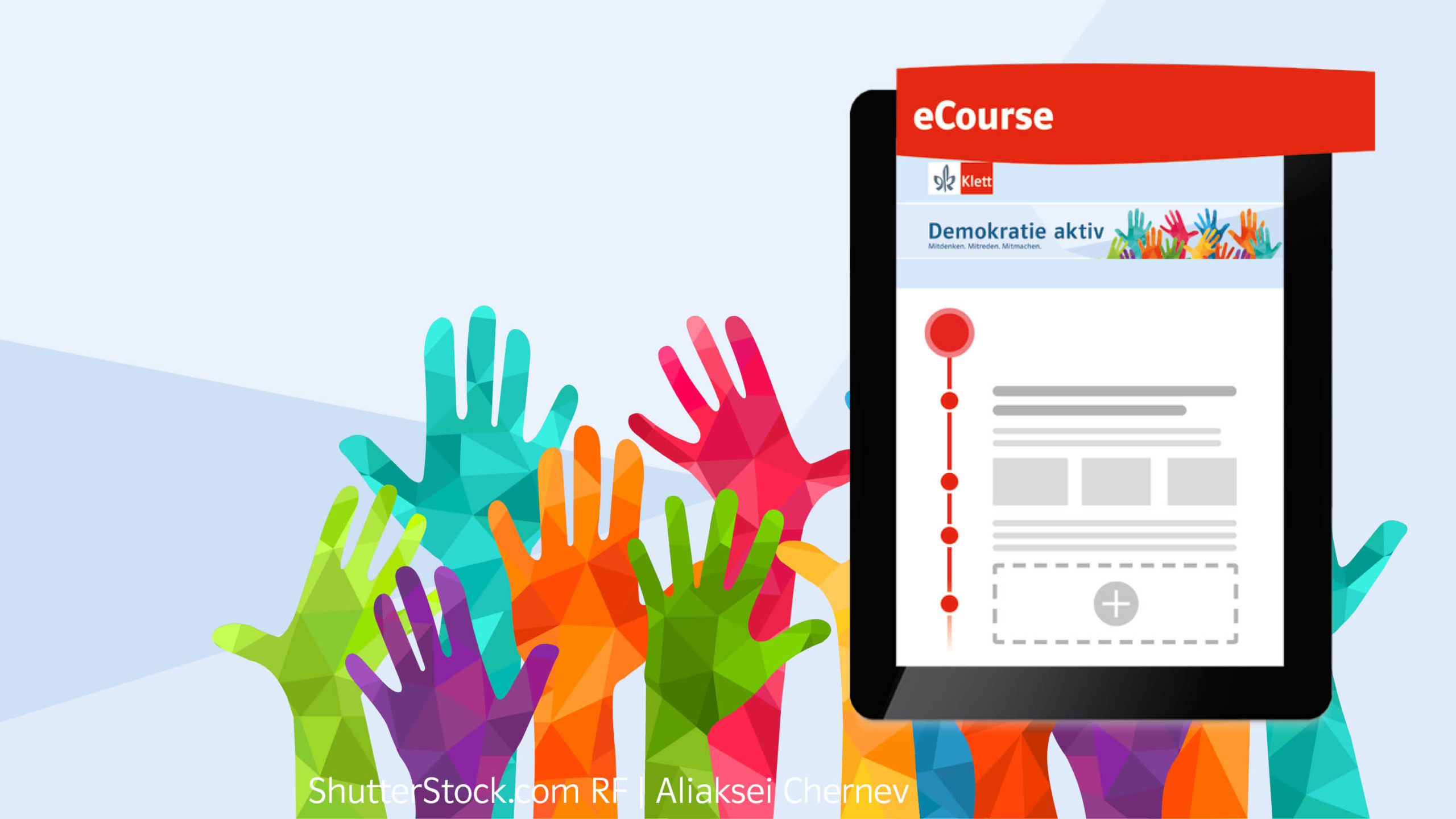 Screen des eCourse Demokratie aktiv auf Hintergrund mit Silhouette vieler Hände in unterschiedlichen Farben