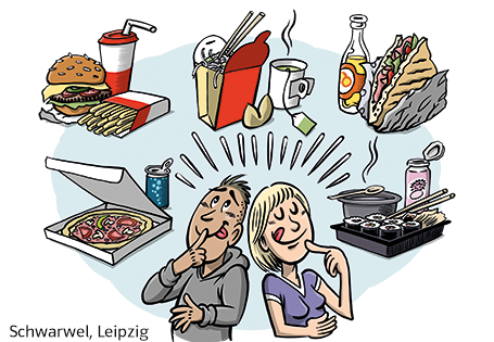 Comiczeichnung von zwei Personen; um sie herum zahlreiche Gerichte die ihren Ursprung weltweit haben (zum Beispiel Burger, Pommes, Pizza und Sushi)