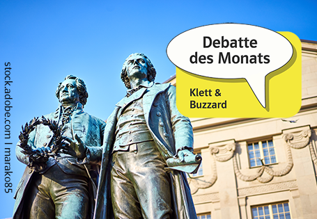 Goethe- und Schiller-Denkmal in Weimar, im Vordergrund das Logo "Debatte des Monats"