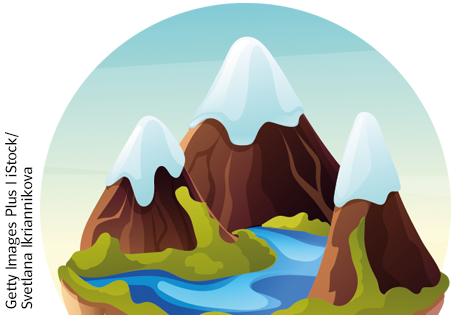 Computergenerierte Grafik einer fiktiven Landschaft: Drei hohe Berge mit schneebedeckten Gipfeln und einem Gewässer zwischen den Bergen